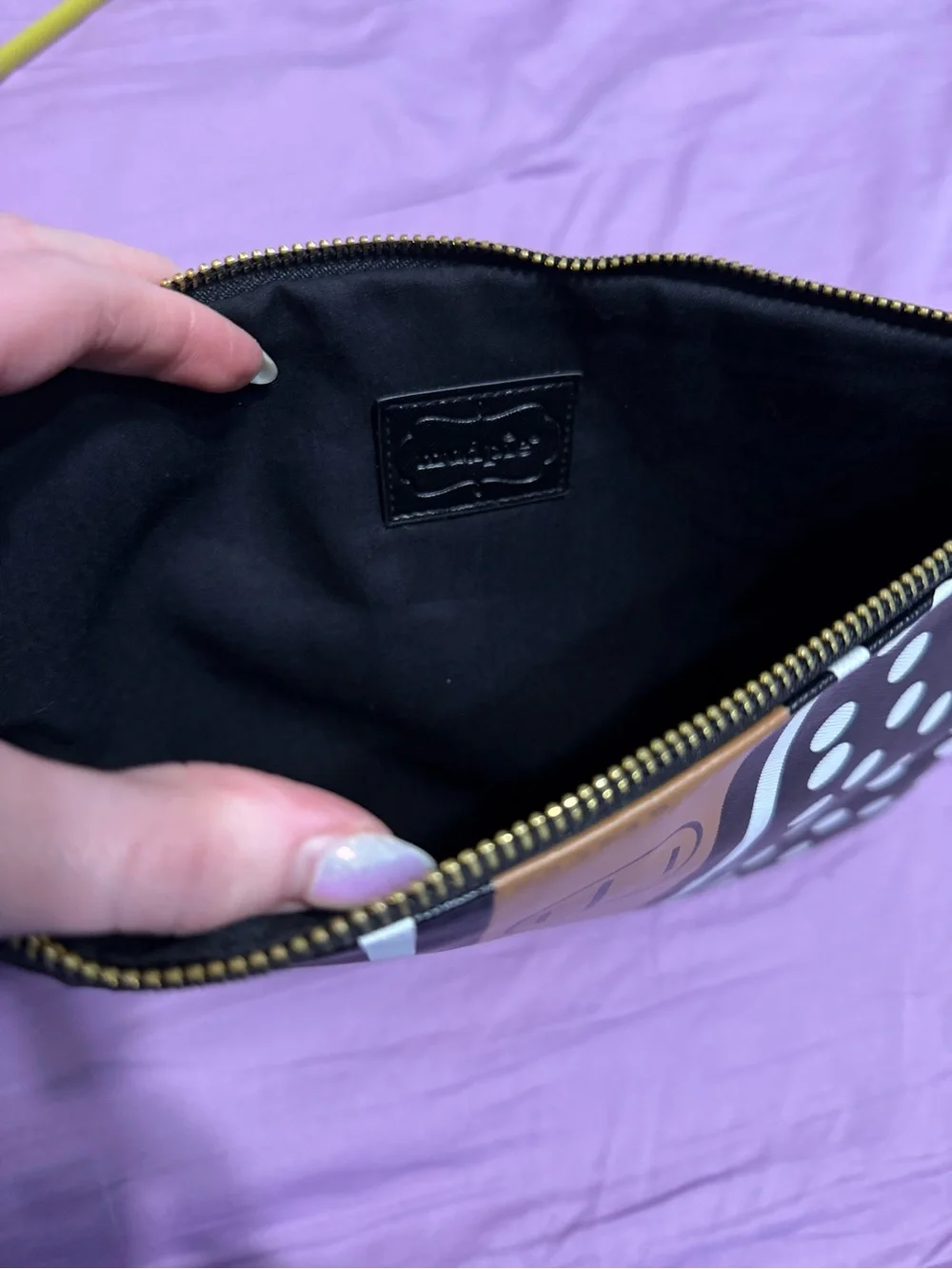 L Monogram Black & White Polka Dot Pouch with Brown Stripe
